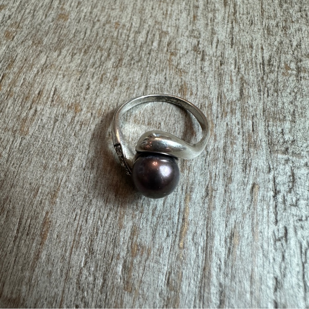 Vintage Russian 925 Tahitian South Sea Cultured Pearl and CZ Swirl Bypass Ring